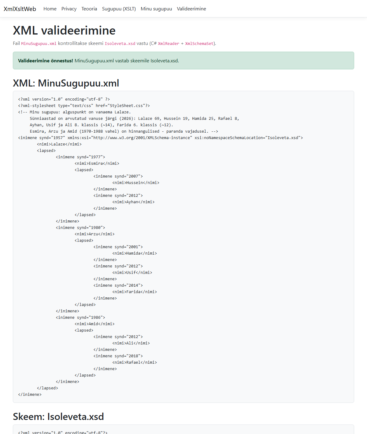 Ekraanipilt: MinuSugupuu.xml valideerimine õnnestus